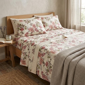 Conjunto de cama tamanho King com estampa floral, colcha botânica, estilo casa de campo com 3 peças