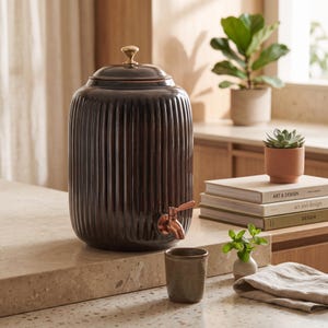 Pode incluir: Um dispensador de água de cerâmica castanho-escuro com nervuras verticais, uma torneira em tom de cobre metálico e uma tampa a condizer com um pequeno botão dourado. O recipiente cilíndrico apresenta um acabamento brilhante.