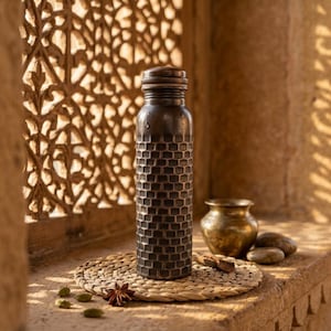 Pure Tamba Jal-flaska, 900 ml antik finish | Präglad tegelstruktur, ayurvedisk dryckeskärl