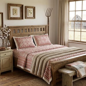 Set di lenzuola, cotone biologico con stampa geometrica a blocchi rossa, matrimoniale king size / Jaipur fatto a mano in stile boho