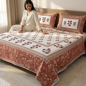 Couvre-lit Khadi imprimé à la main de Jaipur, housse de lit king size en coton biologique avec oreillers