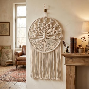 Macramé wanddecoratie Levensboom, groot beige boho woonkamer kunstwerk, minimalistische decoratie