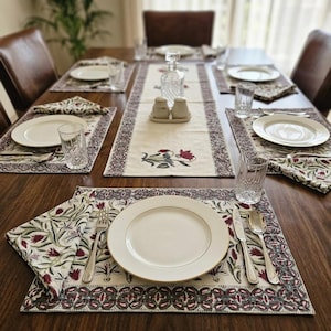 13 Pc Jaipur Block Print Table Linen Set, Cotton Canvas | Floral Runner, Placemats, Napkins