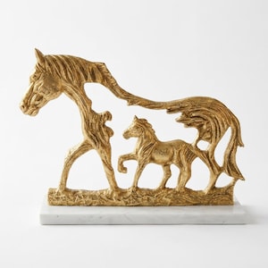 Gold Mare Foal Horse Sculpture, Marble Base | Console Table Mantle Decor 28cm