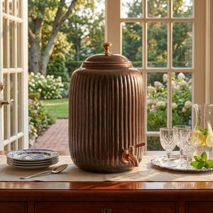 Copper Eco Water Dispenser 8L with Tap, Ribbed Dark Gloss | Modern Ayurvedic Pot