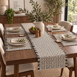 Table Runner and Placemat Set, Black and White Woven Cotton, Diamond Fringe, 80-132 Inch