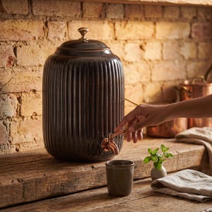 Copper Water Dispenser 8L with Tap, Ribbed Dark Gloss | Modern Ayurvedic Pot