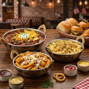 May include: A metal serving bowl filled with chilli topped with shredded cheddar cheese, sour cream, and tortilla chips. Another metal bowl contains macaroni and cheese with breadcrumbs. A third metal bowl holds crinkle-cut chips with melted cheese.