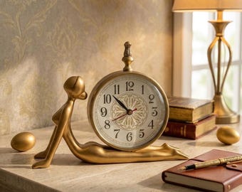 May include: A gold-toned table clock featuring a stylized reclining figure supporting a circular clock face. The clock has a white dial with black Arabic numerals, a decorative central pattern, and black hands. Two small gold spheres sit nearby.