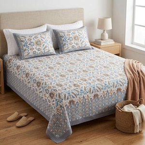 Jaipur-Bettwäsche-Set mit handbedruckten Stoffen, Bio-Baumwolle, Kingsize | Boho-Bettwäsche mit Naturfarben