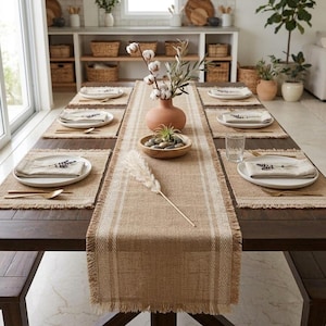 Jute Table Runner Placemat Set, Natural Beige Cotton Herringbone Fringe | Tassel Table Decor