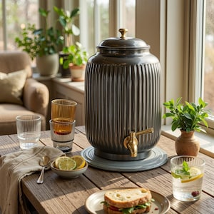 May include: A dark grey ceramic drinks dispenser with a gold-coloured tap and lid. The dispenser has vertical ribbed detailing and sits on a matching base. Several glasses, a bowl of lemon slices, and a sandwich are on a wooden table.