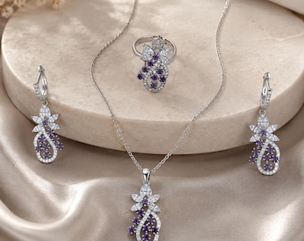 Elegante conjunto de joyas con piedras preciosas moradas, collar, pendientes y anillo de plata de ley con diseño floral para mujer, regalo de lujo para ella.