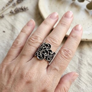 Wide Band Ring in Burnished Silver MariaeLuisa Jewels | Wide Band Statement Ring | Italian Handmade Silver Ring | Damask Pattern Ring