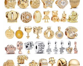 Pulsera de cuentas bañada en oro y plata de ley / Cuentas en forma de corazón y corona / Apta para pulseras europeas Pandora