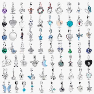 May include: A collection of silver-toned metal charms featuring various designs including hearts, animals, celestial shapes, flowers, and gemstones in blue, purple, green, and black. Each charm includes a small loop for attachment to a bracelet or necklace.