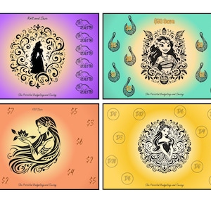 May include: Four colorful money-saving charts with illustrations of Disney princesses. Each chart has a different background color and design, with text that reads "Roll and Save" and "$20 Save".