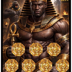 May include: Digital artwork of a muscular figure in gold and black pharaoh attire, holding an ankh and several large, golden gems. The text "ROLL & save" is visible. The phrase "She Persisted Budgeting & Saving" is also present.