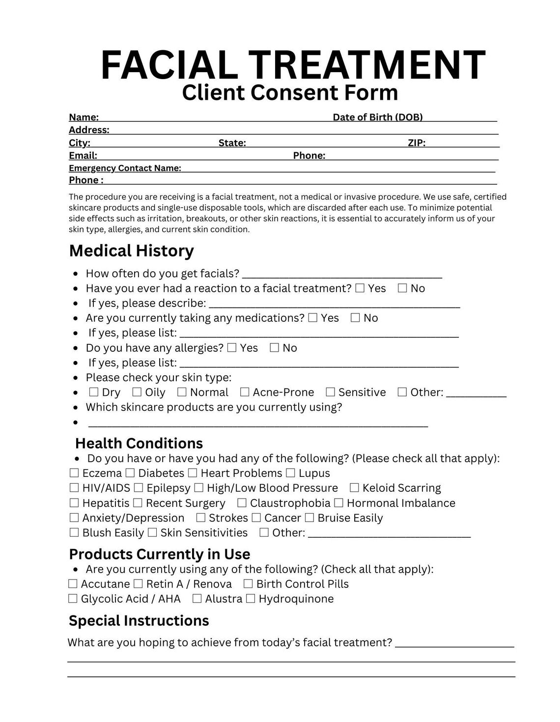 Editable Facial Consent Form Template, Esthetician Client Intake Form ...