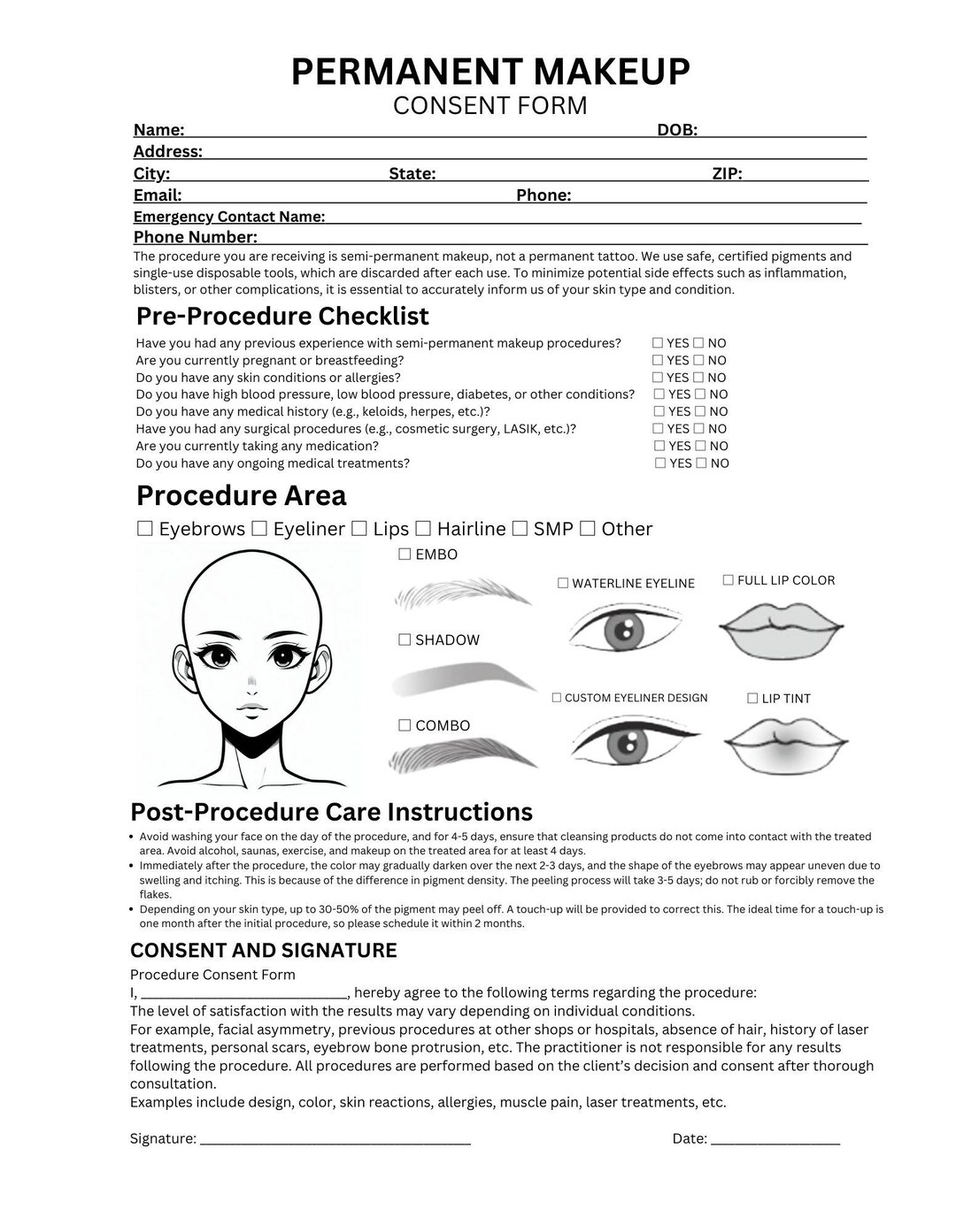 Permanent Makeup Consent Form Editable Template | PMU Client Intake ...