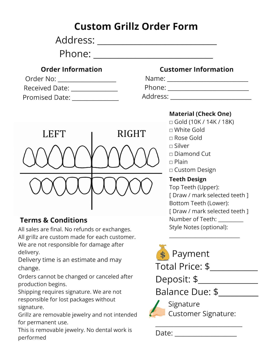 Custom Grillz Order Form Template, Gold Teeth Order Form, Dental ...