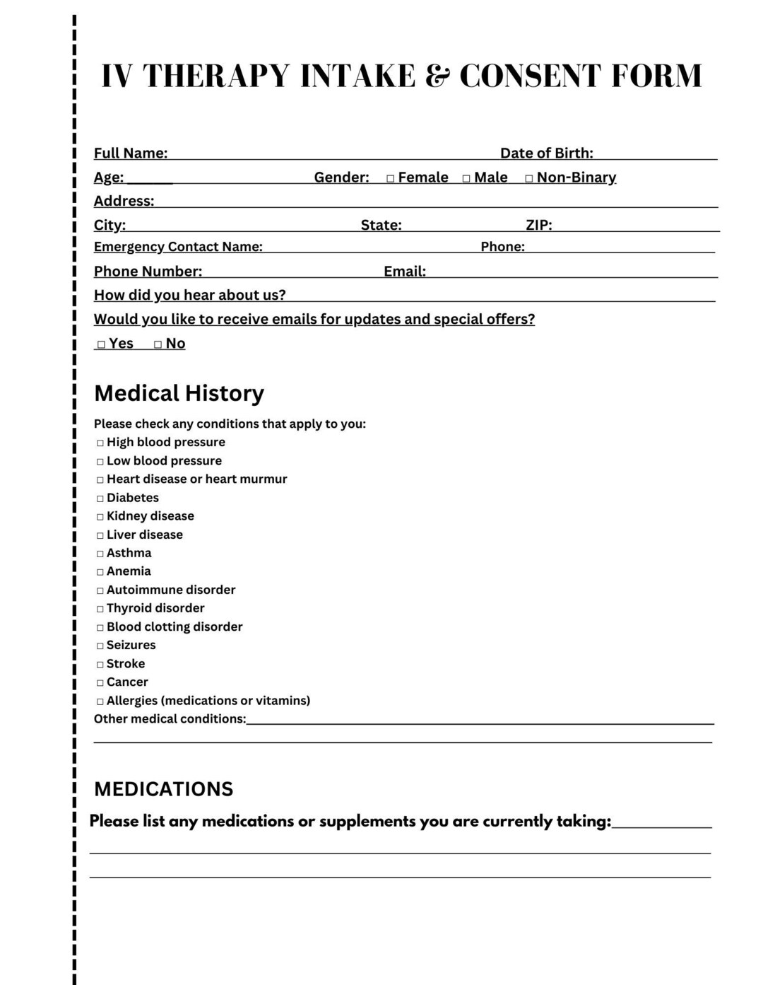 Iv Consent Form IV Therapy Intake Consent Form, Medical Spa Client Consultation Form ...