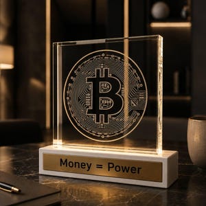 Könnte beinhalten: Ein klarer rechteckiger Acrylblock mit einem eingravierten Bitcoin-Logo und Leiterplattenmustern. Der Block ist auf einem weißen Sockel montiert, der eine goldfarbene Metallplatte mit dem schwarzen Text Money = Power trägt.
