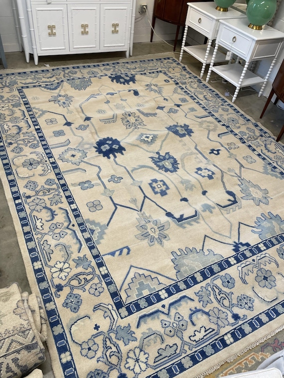 Hand Wool Area Rug, Modern Navy Blue Beige Oushak Rug, Boho Area Rug, Living Room Rug, Custom Oushak Rug,