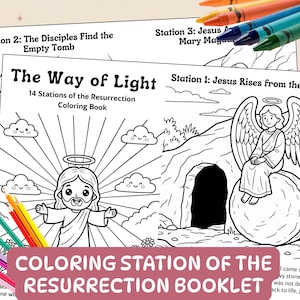 Op de afbeelding: Een kleurboek getiteld "The Way of Light" met 14 stations van de wederopstanding. De omslag toont een lijntekening van Jezus met een halo en stralen, en een engel. Kleurpotloden en kleurkrijt zijn zichtbaar.