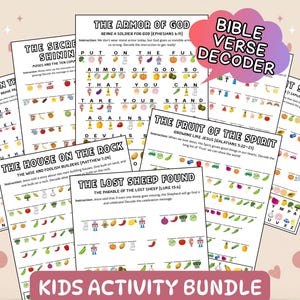 May include: A collection of printable activity sheets titled Bible Verse Decoder and Kids Activity Bundle. Each page features black text, religious themes, and rows of colorful food and object icons used as a cipher to decode hidden messages.