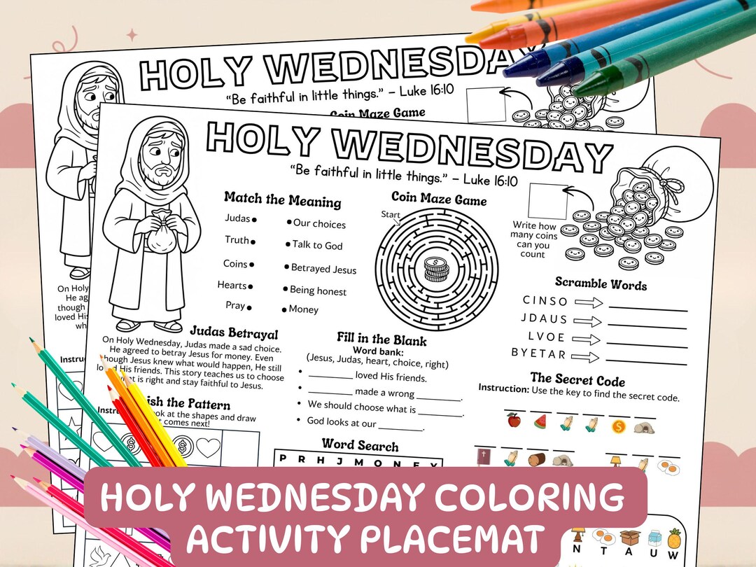 Holy Wednesday Activity Placemat Kids Catholic Holy Week Coloring Page ...