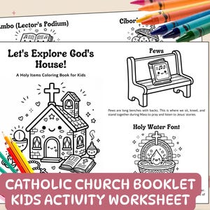 May include: A black and white colouring book page titled "Let's Explore God's House!" with illustrations of a church, pews, and a holy water font. The text "Catholic Church Booklet Kids Activity Worksheet" is at the bottom. Colouring pencils are in the background.