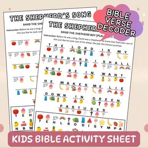 May include: Two white activity sheets with the text "THE SHEPHERD'S SONG" and "THE SHEPHERD BOY" are displayed. The sheets feature a Bible verse decoder with colorful illustrations. A pink banner at the bottom reads "KIDS BIBLE ACTIVITY SHEET". A purple cloud-shaped graphic says "BIBLE VERSE DECODER".