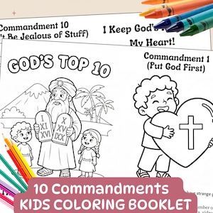Könnte beinhalten: Ein Malbuch für Kinder mit dem Titel "GOD'S TOP 10" und dem Text "10 Gebote KIDS COLORING BOOKLET". Die Seiten zeigen Strichzeichnungen von biblischen Szenen und Figuren, mit Buntstiften.