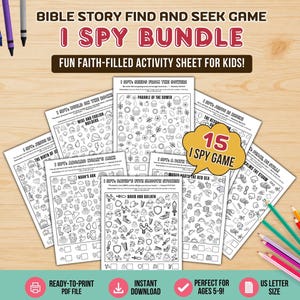 May include: A Bible story find and seek game I Spy bundle featuring 15 activity sheets with black and white illustrations of various religious themes, including Noah's Ark and David and Goliath, surrounded by colourful pencils on a light wood background.