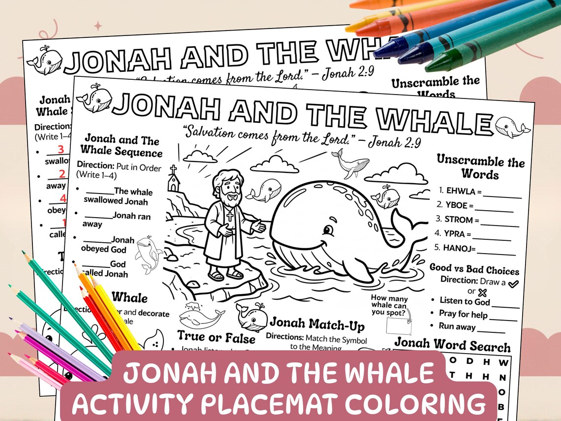 Printable Jonah and the Whale Activity Placemat Catholic Bible Story ...