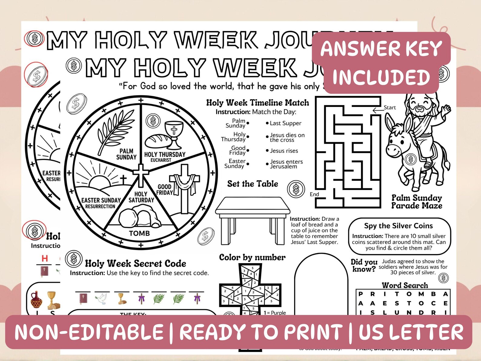 Holy Week Journey Activity Placemat for Kids, Catholic Easter Coloring ...