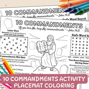 May include: A stack of activity placemats with the text "10 COMMANDMENTS ACTIVITY PLACEMAT COLORING". The placemats feature coloring pages, word searches, and quizzes. Colored pencils are scattered around the placemats.