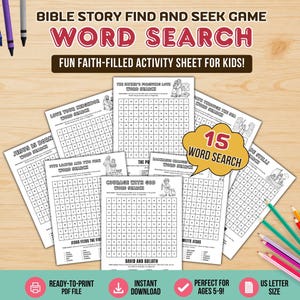 Könnte beinhalten: Eine Sammlung von schwarz-weißen Wortsuchrätsel-Arbeitsblättern zu biblischen Geschichten mit Titeln wie Love Your Neighbor und David and Goliath, inklusive einer gelben Sprechblase mit dem Text 15 Word Search, umgeben von bunten Buntstiften.