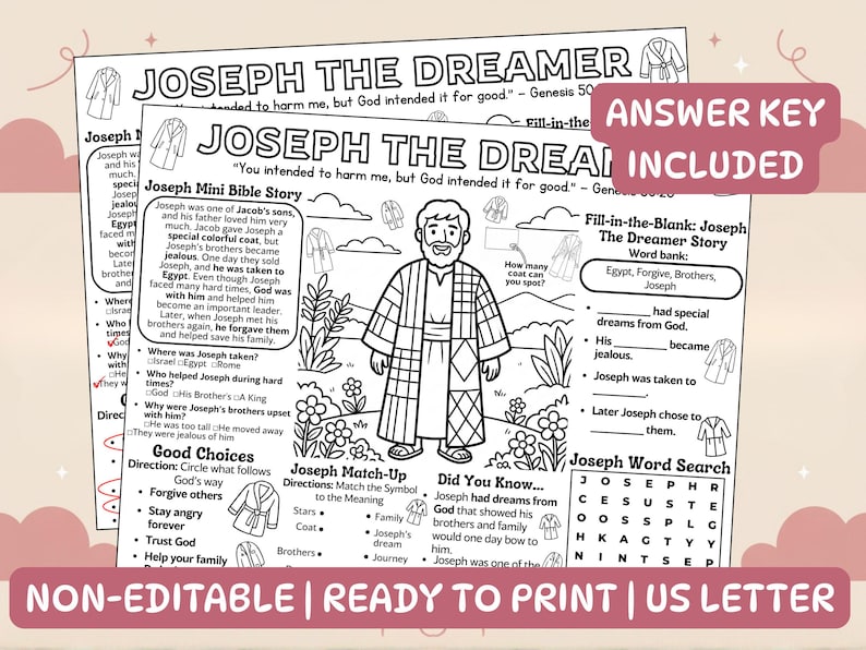Joseph the Dreamer Activity Placemat for Kids Catholic Bible Story ...