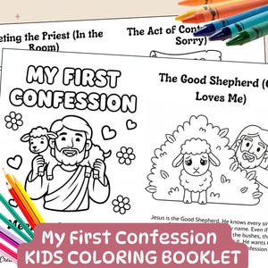 Peut inclure: Un livre de coloriage pour enfants intitulé "Ma Première Confession" avec des illustrations de personnages religieux et d'un mouton. Les pages sont en noir et blanc, avec des crayons de couleur et des crayons de cire en arrière-plan. Le texte "KIDS COLORING BOOKLET" est en bas.