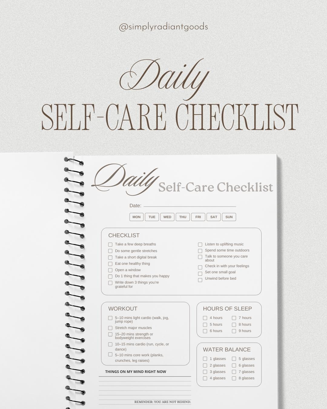 Daily Self Care Checklist Printable | Gentle Routine for Sleep, Water ...