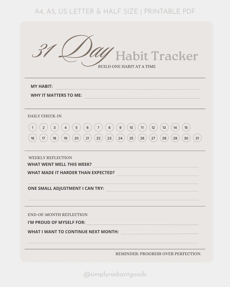 31 Day Habit Tracker Printable | Build One Habit at a Time | Gentle ...