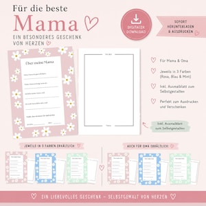 Puede incluir: Un regalo imprimible digital rosa para madres y abuelas. El diseño incluye páginas para rellenar, detalles de margaritas y el texto "Für die beste Mama" y "Digital Download". Disponible en tres colores.