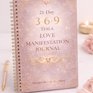 Könnte beinhalten: Ein rosa Spiralbuch mit dem Titel "21-Day 3.6.9 Tesla Love Manifestation Journal". Das Cover hat goldene Verzierungen und den Satz "Manifest the Love You Desire". Ein goldener Stift und Büroklammern sind ebenfalls zu sehen.