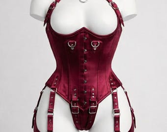 Corsetto overbusty in raso fatto a mano: stecche in acciaio, allacciatura frontale - Corsetto bordeaux / Regalo per lei