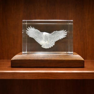 May include: A clear glass sculpture of an eagle with outstretched wings, set within a rectangular block. The eagle is intricately detailed. The sculpture rests on a dark wooden base, displayed against a warm, wooden background.