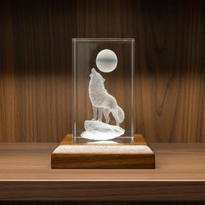 3D Subsurface Engraved K9 Crystal Cube - Wolf & Moon