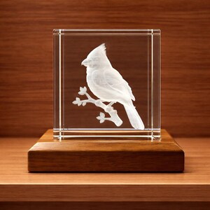 May include: A clear glass block with a detailed etched image of a cardinal bird perched on a branch. The bird is white and the block is mounted on a rectangular wooden base. The background is a warm brown.