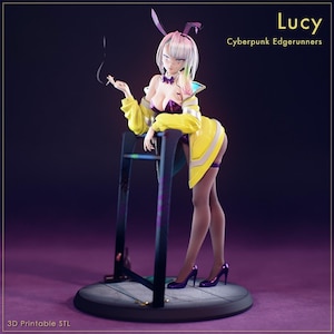 May include: A 3D-printed figurine of Lucy from Cyberpunk Edgerunners. The figure is wearing a yellow jacket, purple lingerie, and purple high heels. The figure has white hair with pink and green highlights and is holding a cigarette. The figure is leaning on a black stand.